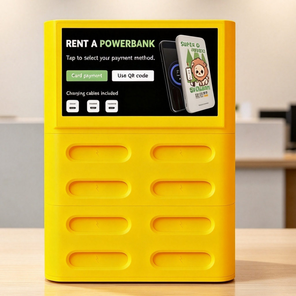 Yellow shared power bank rental station with touchscreen