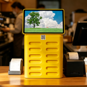Yellow shared power bank rental station with digital advertising screen
